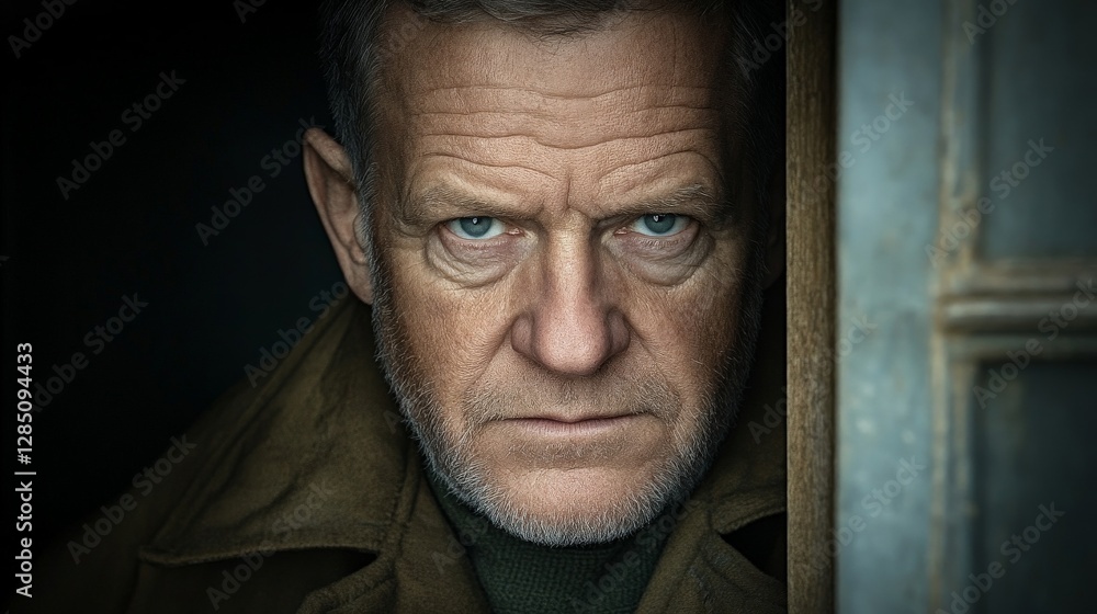Intense Expression of a Mature Man in Dimly Lit Setting Intense Expression of a Mature Man in Dimly Lit Setting