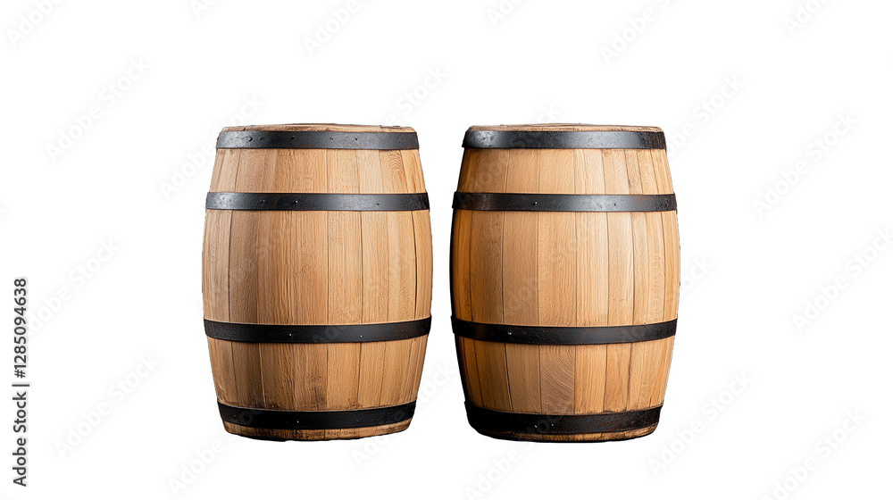 Obraz premium Wooden barrels with black bands on transparent background