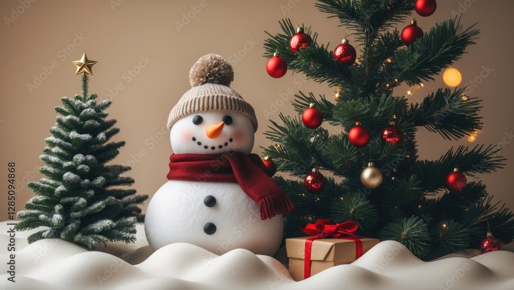 Detailed view of a snowman alongside a Christmas tree on a light background for a holiday card design. Leading edge, continuous pattern. Detailed view of a snowman alongside a Christmas tree on a light background for a holiday card design. Leading edge, continuous pattern.