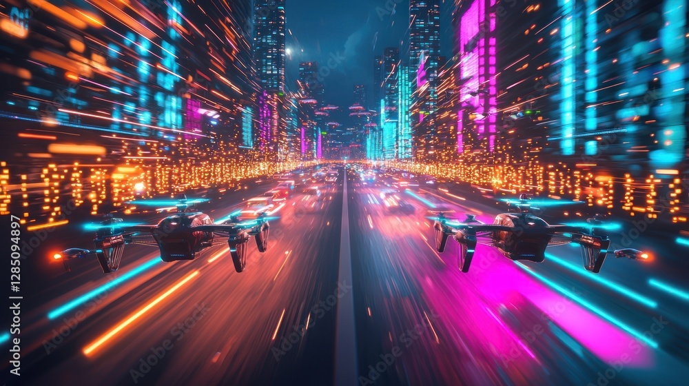 Fototapeta premium Neon Cityscape: Drones in Motion