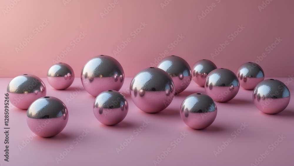 Shiny metallic spheres arranged on a soft pink gradient background, featuring an abstract composition with circular shapes. Shiny metallic spheres arranged on a soft pink gradient background, featuring an abstract composition with circular shapes.