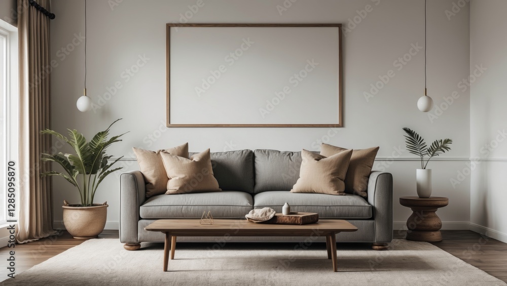 Fototapeta premium Interior wall mockup showcasing a sofa with beige cushions set against a plain white backdrop in a living space.