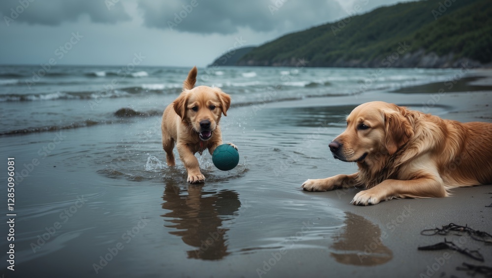 Puppy enjoying water play with a ball, a golden retriever resting on the beach, a travel suggestion, and outdoor animals. Puppy enjoying water play with a ball, a golden retriever resting on the beach, a travel suggestion, and outdoor animals.