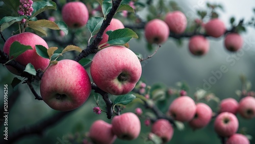 Blushing Chinese apples, also known as ranetka or paradise apples, on a verdant Malus prunifolia branch, featuring plumleaf crab apple characteristics. photo