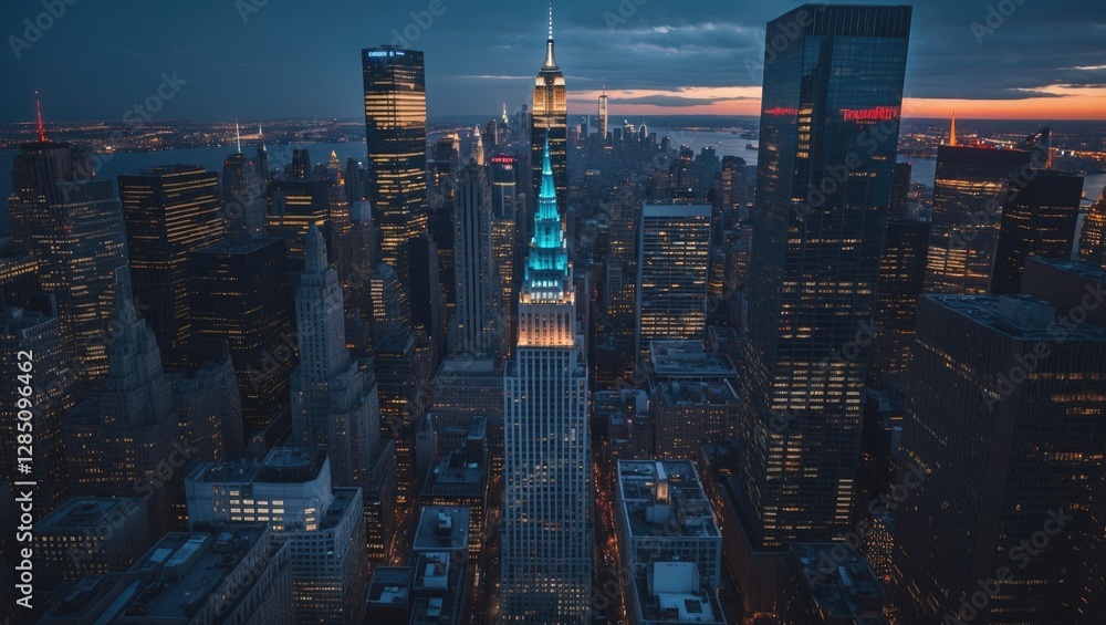 Obraz premium Aerial view showcasing numerous towering skyscrapers in Manhattan, their windows glowing as dusk settles over New York City. Urban nightlife, business centers, and property scene. Buildings in the ...