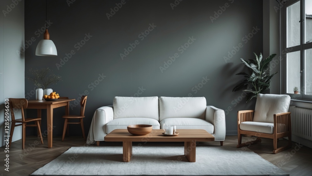 a minimalist living space featuring a cozy white sofa, a wooden dining table against a gray wall, and wooden decor elements. a minimalist living space featuring a cozy white sofa, a wooden dining table against a gray wall, and wooden decor elements.