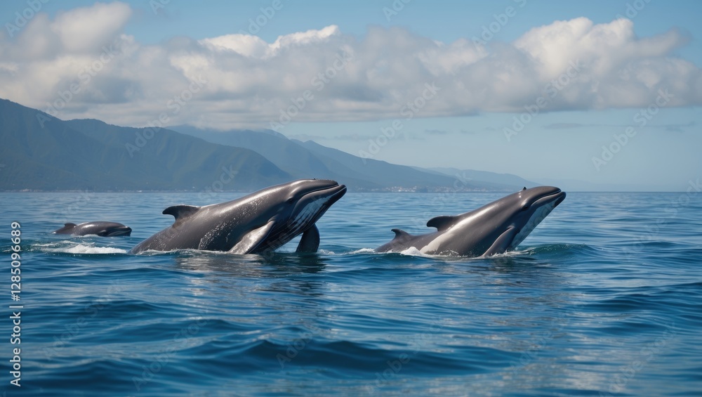 Fototapeta premium Dolphins and Whales Swimming Near the Pacific Coast.