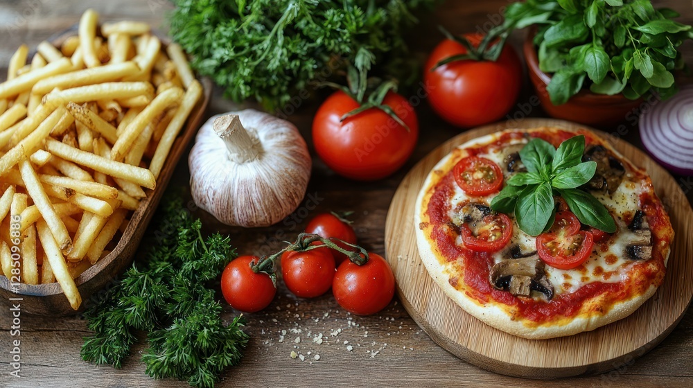 Wooden table with pizza, fries, tomatoes, and garlic Wooden table with pizza, fries, tomatoes, and garlic