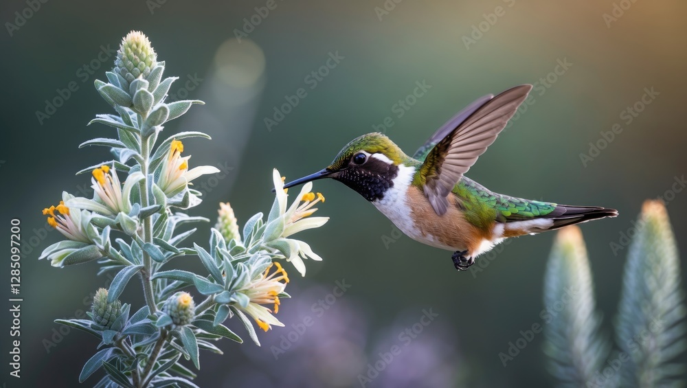 Fototapeta premium Hummingbird species Allen's, Selasphorus sasin, hovering while feeding on flowers of the Mexican Bush Sage.