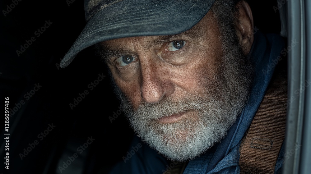 Intense Gaze of an Older Man with Gray Beard and Cap in Shadow Intense Gaze of an Older Man with Gray Beard and Cap in Shadow