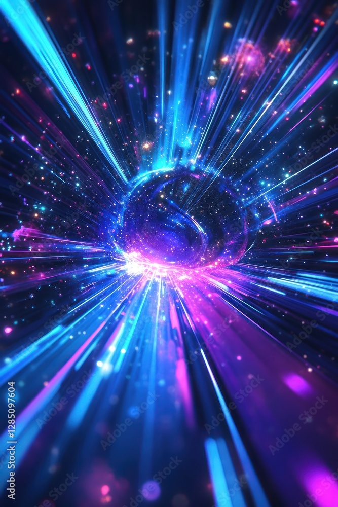 Fototapeta premium Cosmic sphere energy burst, space travel, stars, nebula background; VFX, motion graphics