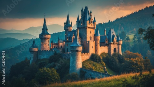 Wallpaper Mural A fairytale castle situated on a hillside amidst a beautiful landscape. Illustration for children. Torontodigital.ca