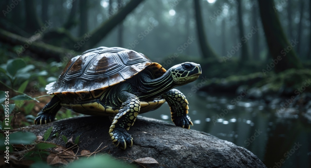 Obraz premium Turtles exploring their natural habitat, searching for food or a mate, Turtle resting on a rock.