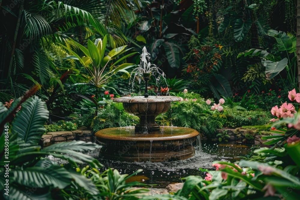 A Beautiful Garden with a Fountain Surrounded by Lush Green Plants and Flowers A Beautiful Garden with a Fountain Surrounded by Lush Green Plants and Flowers