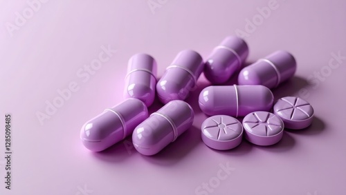 Violet dietary capsules for nutritional health, pharmaceutical brand display, probiotic tablets as wellness or supplement items for industry promotions. photo