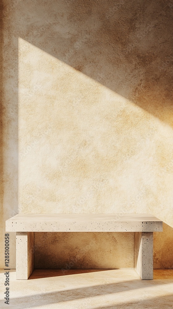 Sunlight casts a warm, triangular shadow on a textured wall behind a simple beige bench, creating a serene and minimalistic atmosphere in the empty interior space. Sunlight casts a warm, triangular shadow on a textured wall behind a simple beige bench, creating a serene and minimalistic atmosphere in the empty interior space.