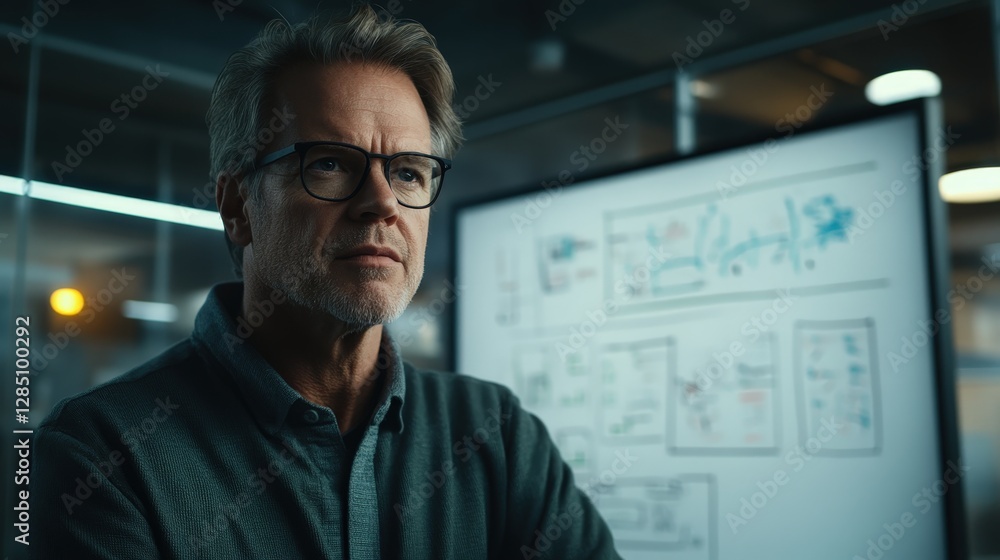 Thoughtful man with glasses in modern office working on ideas Thoughtful man with glasses in modern office working on ideas