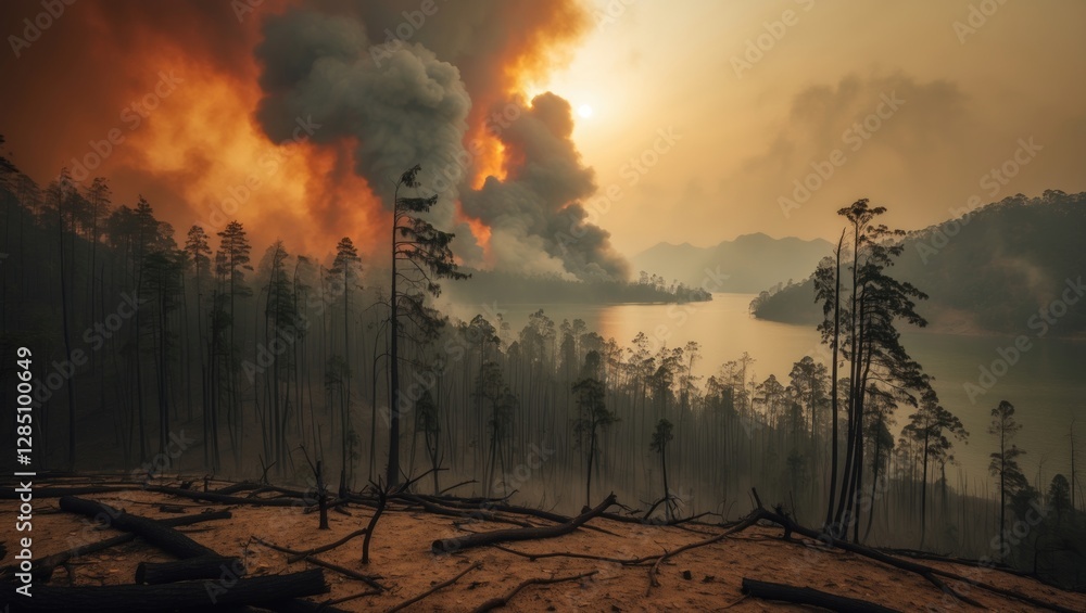 Wildfire devastation affecting numerous hectares of pine forest during the June 2013 dry season at Tele-Samosir Lake Toba in North Sumatra, Indonesia. Wildfire devastation affecting numerous hectares of pine forest during the June 2013 dry season at Tele-Samosir Lake Toba in North Sumatra, Indonesia.