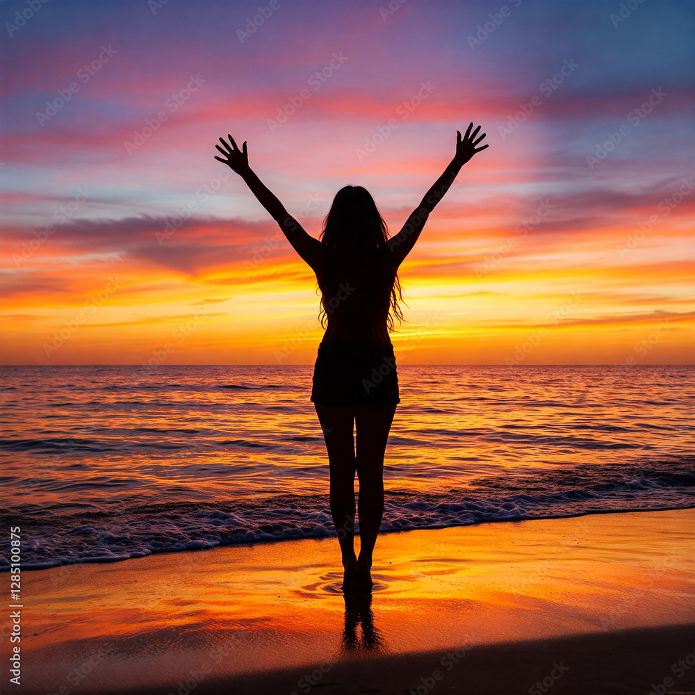 silhouette of a woman in the sunset beach. Silhouette of woman celebrating at sunset by the ocean beach. woman celebration on golden hour beach photography. silhouette of a woman in the sunset beach. Silhouette of woman celebrating at sunset by the ocean beach. woman celebration on golden hour beach photography.