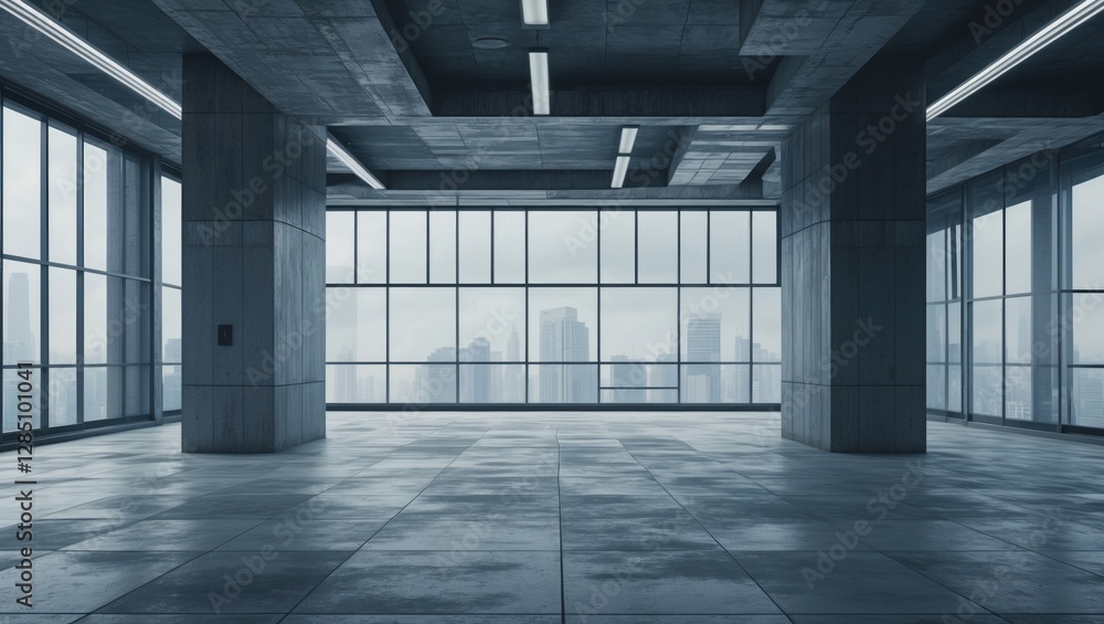 Unoccupied modern office area. Towering building interior with a large window. Image in vector graphic format. Unoccupied modern office area. Towering building interior with a large window. Image in vector graphic format.