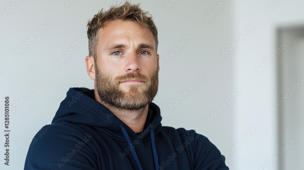 Fototapeta premium Confident man portrait, arms crossed, indoors, neutral background, for business profile