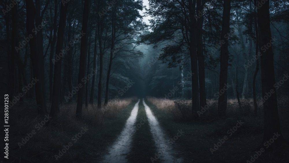 Obraz premium trail winding through a dimly lit forest