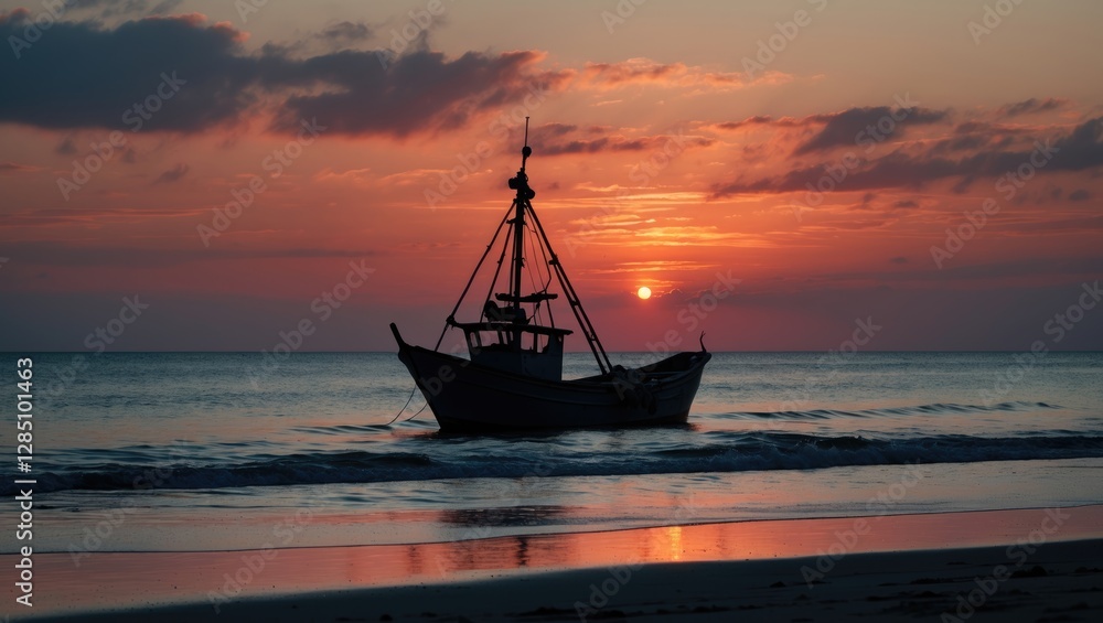 Stunning sunset over the beach featuring a fishing boat in silhouette Stunning sunset over the beach featuring a fishing boat in silhouette