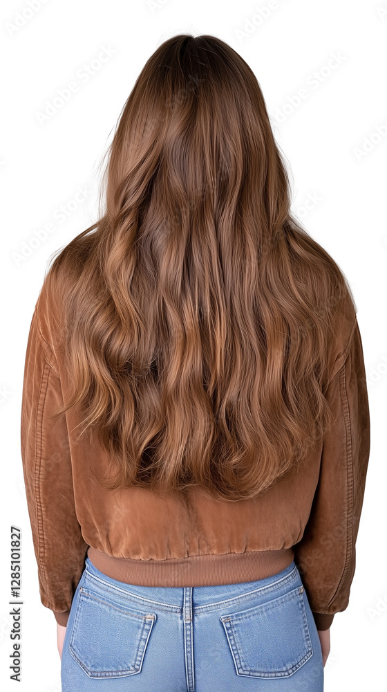 Naklejka premium Woman with Long Wavy Hair in Brown Jacket on Transparent Background