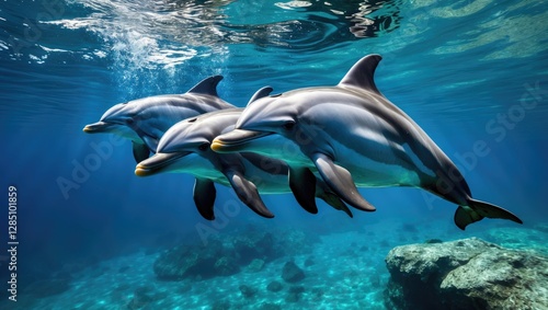 Dolphins Gliding Through the Sea, Stunning Underwater Perspective photo