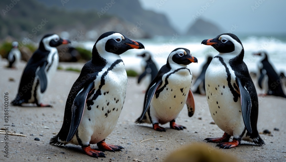 Obraz premium Detailed perspective of African penguins at Boulders Beach in Cape Town, located in South Africa's Western Cape.