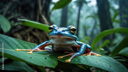 Hovering frog lounging on verdant foliage in front of a Javan tree frog, Rhacophorus reinwardtii photo