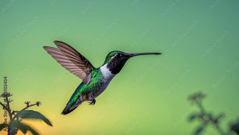 Fototapeta premium Hummingbird duel at sunset in the wild. Long-beaked Green Hermit, Phaethornis guy, set against a soft light green backdrop in Costa Rica. Natural wildlife moment captured.