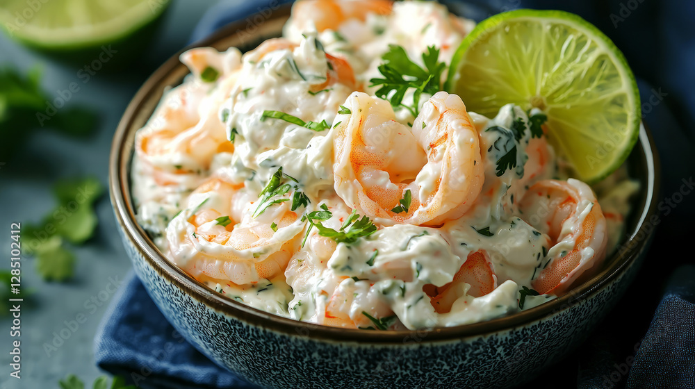 Cream cheese and shrimp in bowl with shrimps, generative AI Cream cheese and shrimp in bowl with shrimps, generative AI