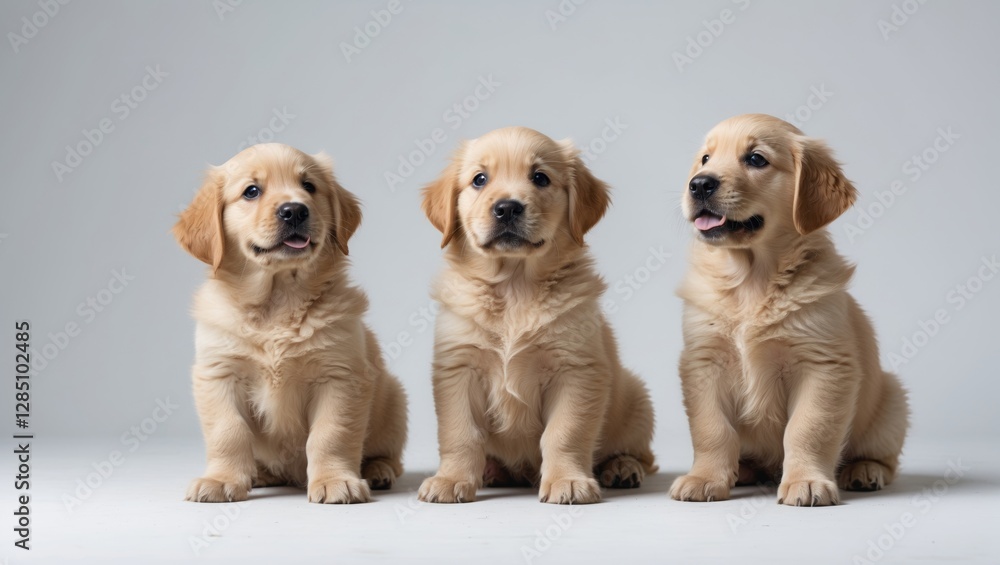 Expressions of golden retriever puppies sitting alone against a white backdrop Expressions of golden retriever puppies sitting alone against a white backdrop