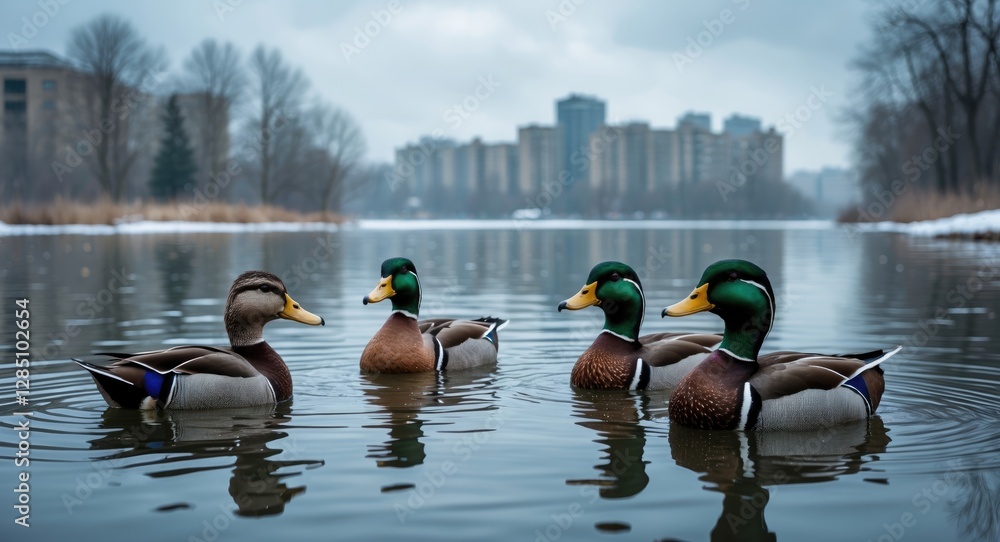 winter lake with wild ducks in an urban setting 21