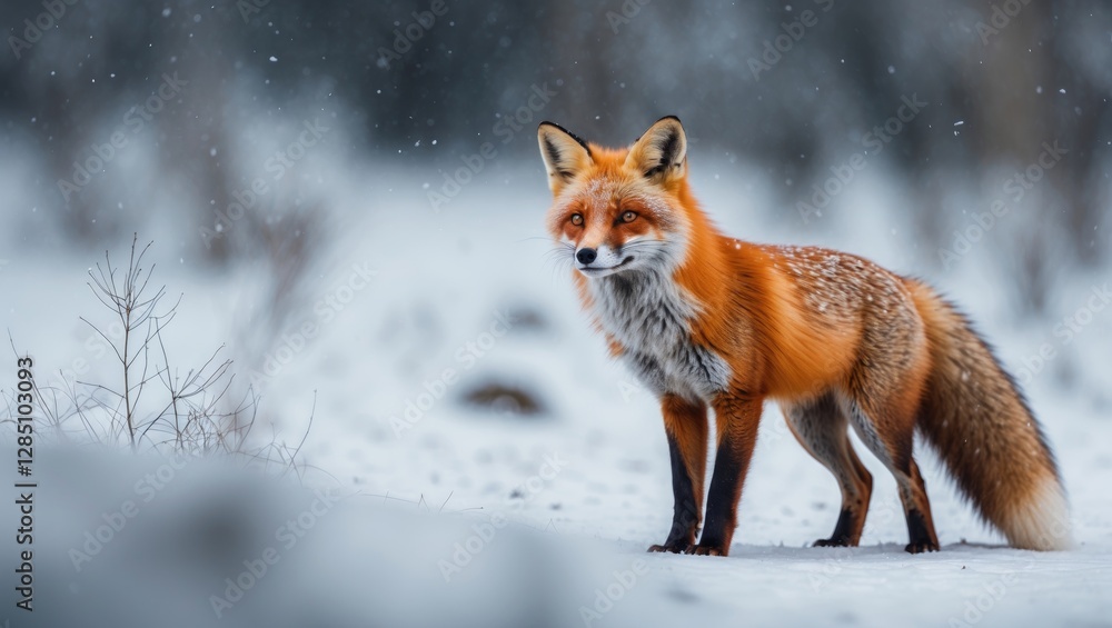 Fototapeta premium Wildlife header featuring an adorable red fox set against a backdrop of snowy scenes in a winter-themed wildlife concept with a cartoon depiction of a beautiful creature boasting a fluffy tail.