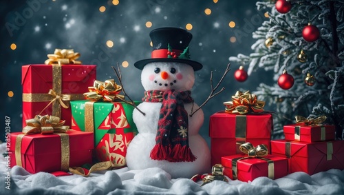 Holiday shopping for Christmas and New Year's gifts, featuring colorful presents and a snowman.