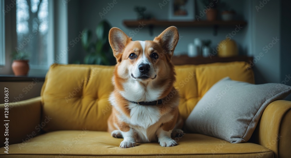 adorable corgi dog close-up sitting on a yellow sofa indoors, gazing at the camera adorable corgi dog close-up sitting on a yellow sofa indoors, gazing at the camera