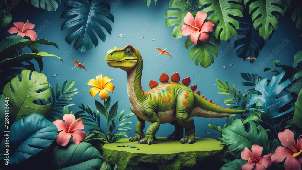 Obraz premium Playful dinosaur illustration with a Scandinavian flair, featuring tropical flowers and a hand-painted dino. Ideal for backgrounds, fabrics, wallpapers, and nursery decor.