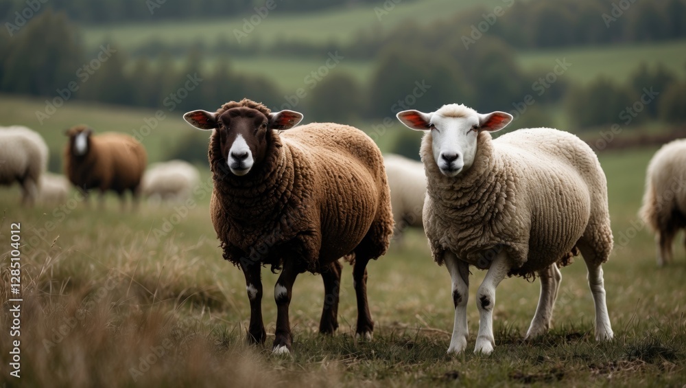 Sheep with brown and white coats in a countryside pasture Sheep with brown and white coats in a countryside pasture