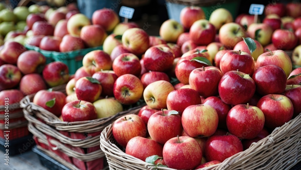 freshly harvested red apples arranged in wicker baskets at a local market freshly harvested red apples arranged in wicker baskets at a local market