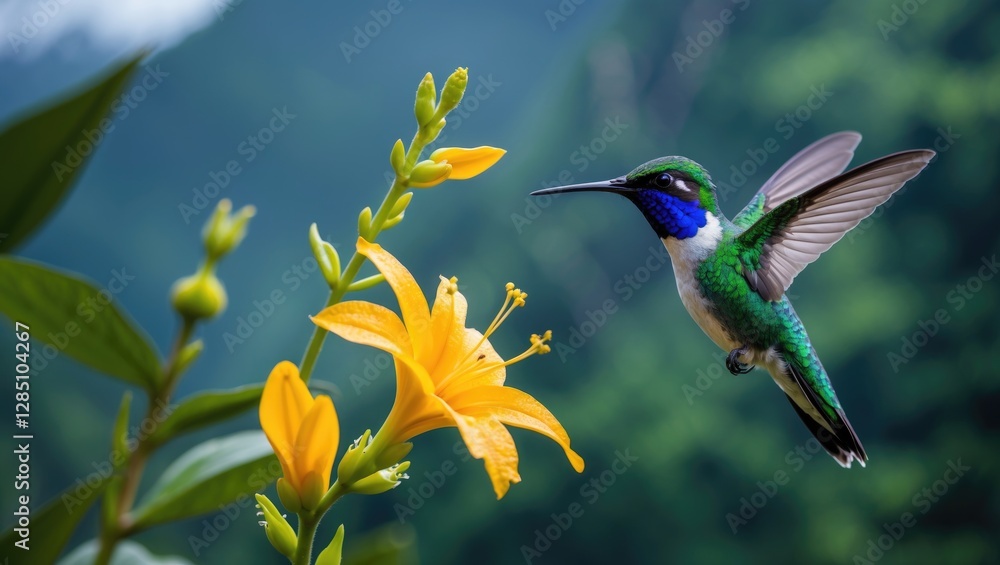 Fototapeta premium Vibrant green and blue Sparkling Violetear hummingbird hovering beside a stunning yellow flower. Native to Ecuador's tropical mountain forests. A scene capturing wildlife in nature. Birdwatching ex...
