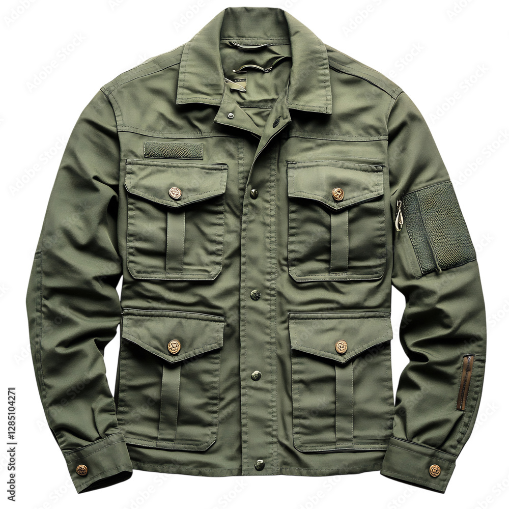 Green Utility Jacket with Multiple Pockets Isolated on Transparent Background Green Utility Jacket with Multiple Pockets Isolated on Transparent Background