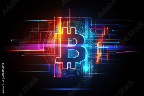 Colorful Bitcoin Symbol with Digital Circuitry Background in Abstract Art Style