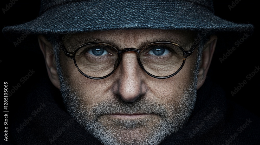 Close-up Portrait of a Mature Man with Glasses and Hat in Shadows Close-up Portrait of a Mature Man with Glasses and Hat in Shadows