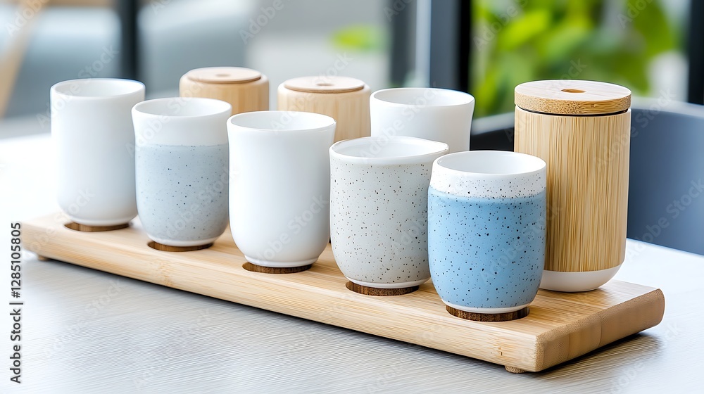 Stylish Speckled Ceramic Tea Cups on Bamboo Tray Modern Home Decor Stylish Speckled Ceramic Tea Cups on Bamboo Tray Modern Home Decor