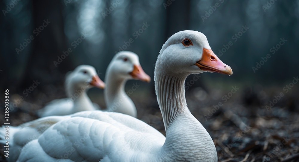 Elegant close-up of a lovely domestic goose with two companions in the background. High-resolution image. Elegant close-up of a lovely domestic goose with two companions in the background. High-resolution image.