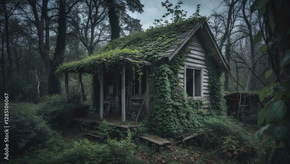 Fototapeta premium Deserted, overgrown wooden cottage enveloped in foliage, ivy, and creeping vines. Mysterious, eerie, enchanting, surrounded by dark woods, isolated from people. Nature overtakes the structure. Image.