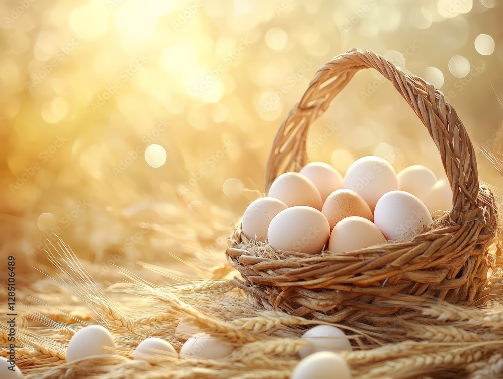 Fresh farm eggs in a rustic basket outdoor field lifestyle photography warm glow close-up organic living