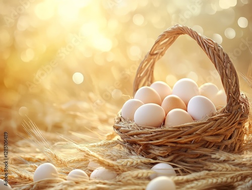 Obraz na płótnie Fresh farm eggs in a rustic basket outdoor field lifestyle photography warm glow close-up organic living w salonie